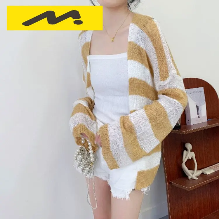 2022 color blocking new Korean Mahai wool sun proof clothes Long sleeve loose stripe knitwear cardigan women's top coat