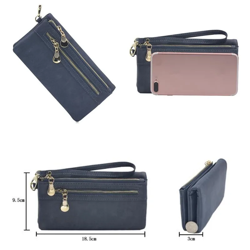 Wallets for Women Dull Polish Leather Wallet Double Zipper Day Clutch Purse Wristlet Portefeuille Handbags Carteras Para Mujer