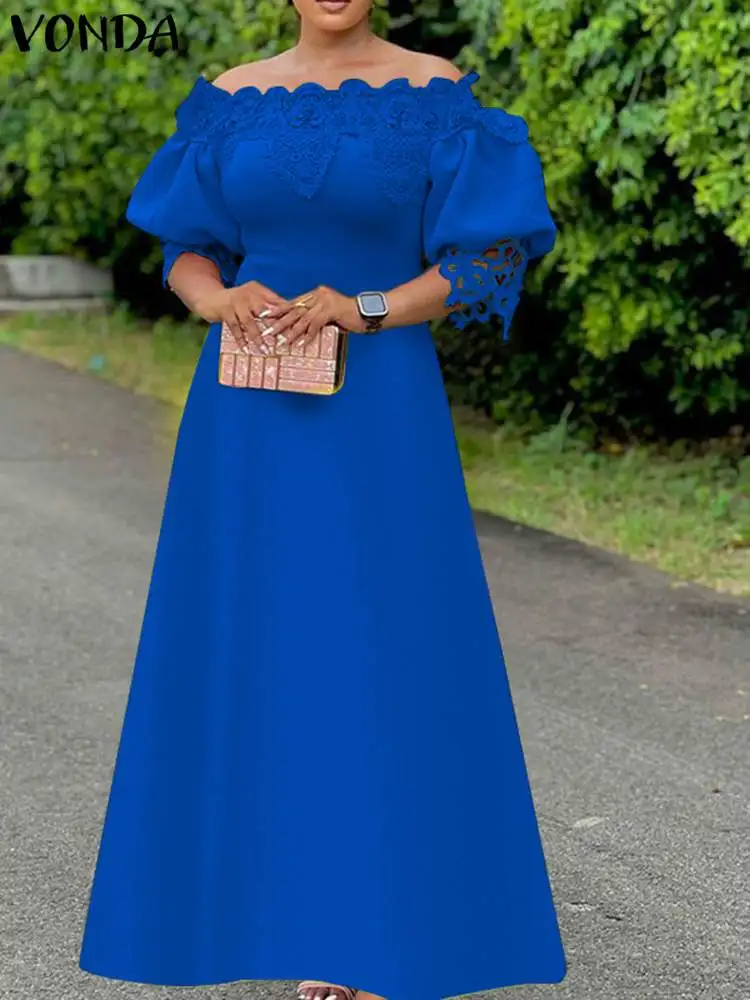 

VONDA Elegant Maxi Long Dress Women Bohemian Off Shoulder Sundress 2023 Summer Lace Patchwork Puff Sleeve Party Wedding Robe