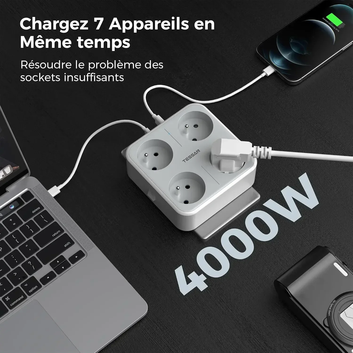 Фото TESSAN 4000 Вт FR в ЕС USB-настенная розетка с 4 французскими розетками Тип C Квадратная дорожная вилка-конвертер с выключателем Электрическая розетка №3