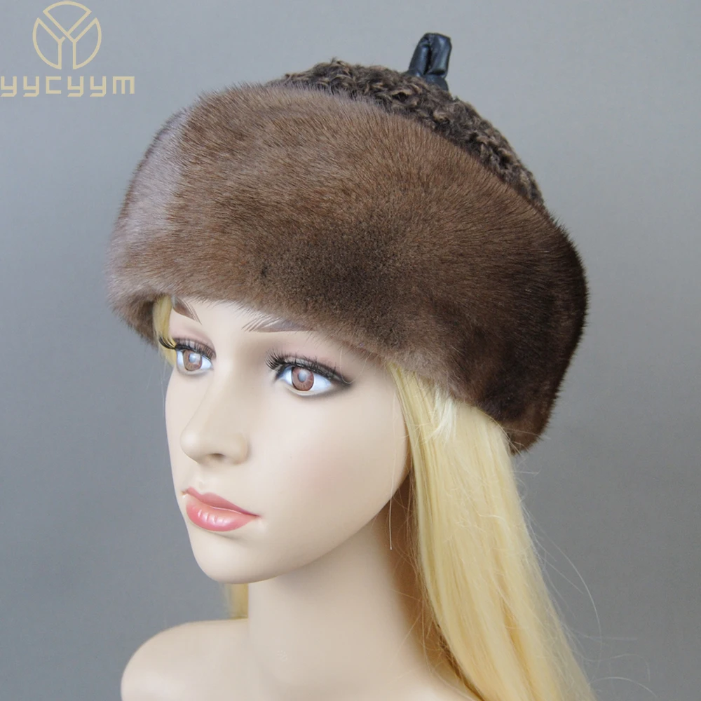 Hot Sale Luxury Women Real Genuine Mink With Wool Hat Winter Russian Women's Warm Caps Whole Piece Mink Sheep Fur Hats