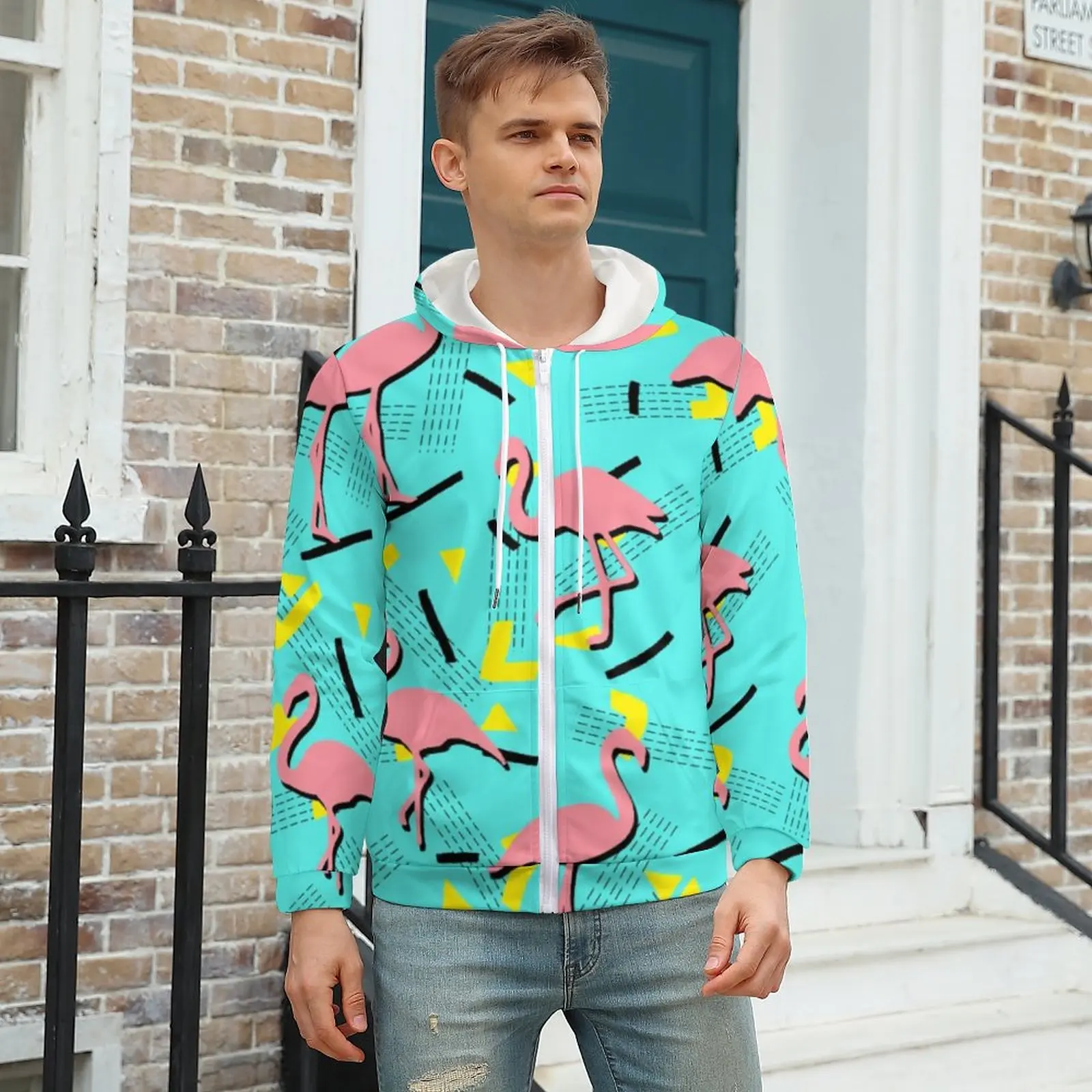 

Retro Memphis Hoodie Pink Flamingo Print Fashion For Men Hoodies For Men Autumn Zip Up Hoodie Big Size