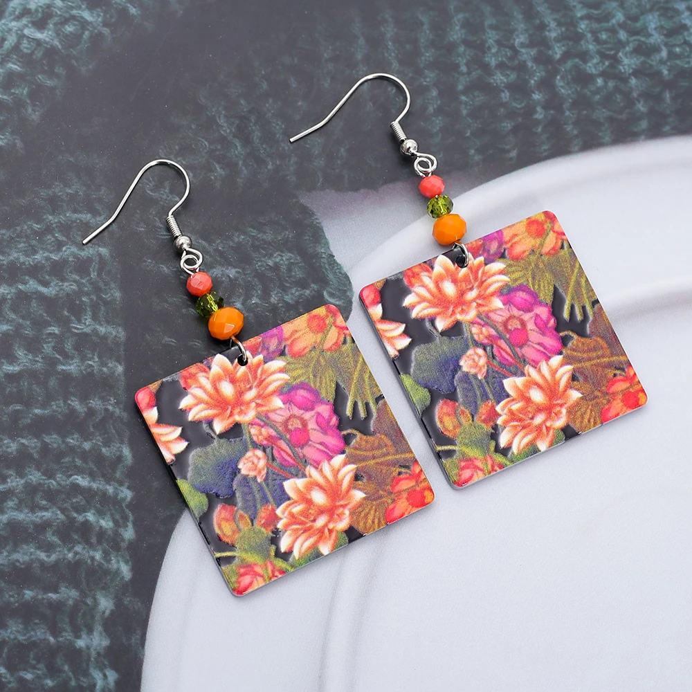 Великолепные красочные квадратные акриловые серьги с цветочным узором Relievo для