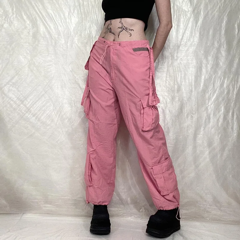 

Hip Hop Loose Pink Woman Joggers E Girl Aesthetic Pockets High Waisted Pants Harajuku Sweatpant Women Baggy Solid Cargo Trousers