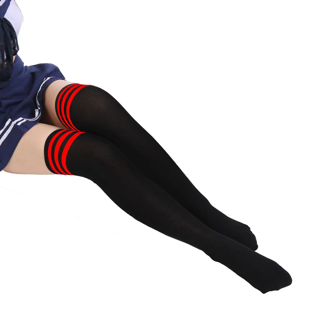 Fashion Thigh High Over Knee High Socks for Girls Womens Students Striped Cotton Long Stockings Black White Striped Sailor Socks