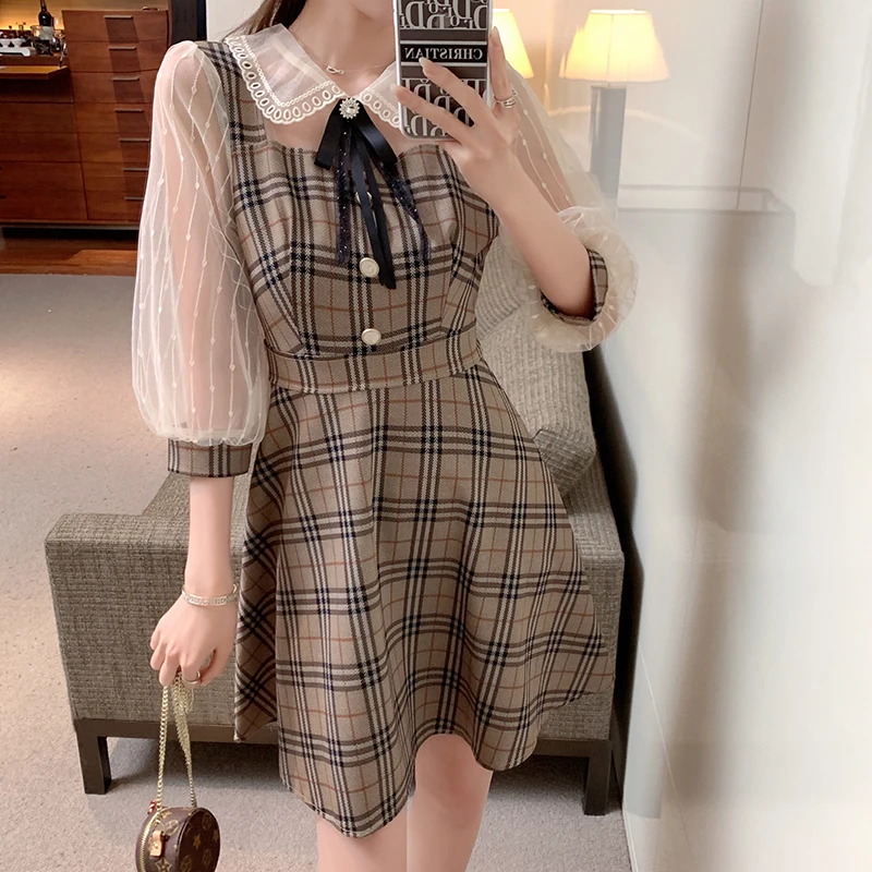 

New Spring Summer Women's dress Mesh Patchwork Sweet Plaid Slim Waist A-line Elegant Dresses for women Half Sleeve Party Dresses