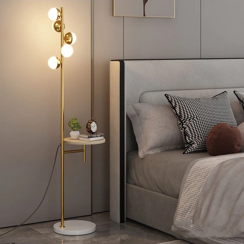

With Wireless Charging Floor Lamp Round Wood Metal Table Standing Lamp Living Room Home Decor Wooden Table Beside Charging Lamp