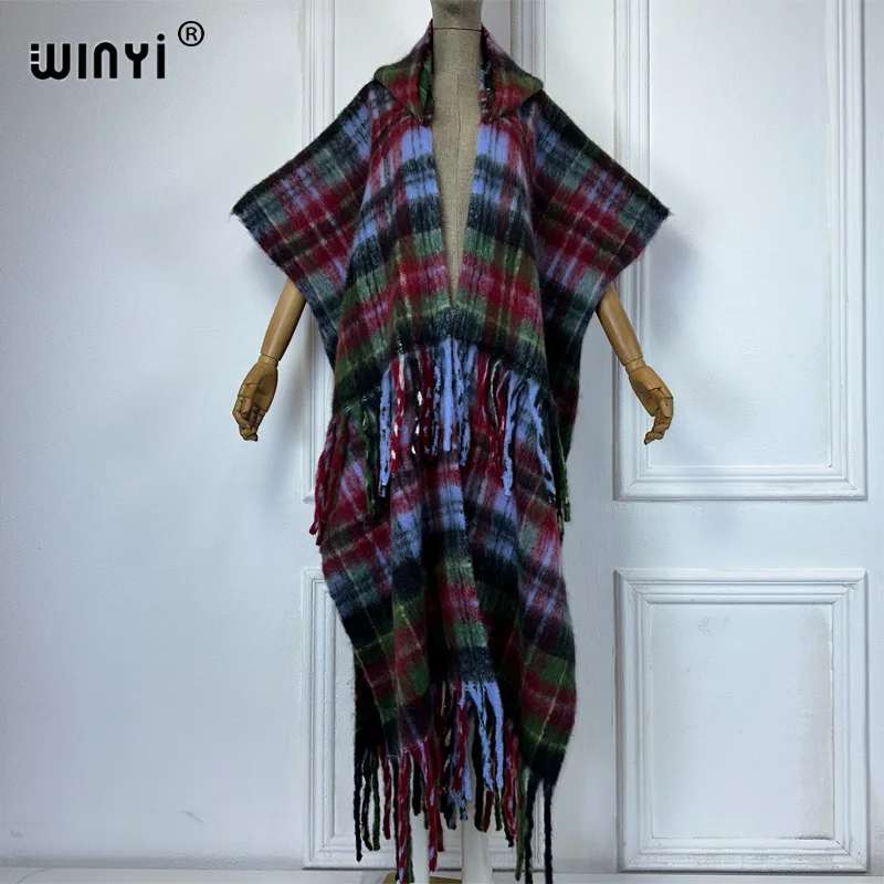 WINYI Африканское пальто с капюшоном для женщин клетчатый принт зимний кардиган