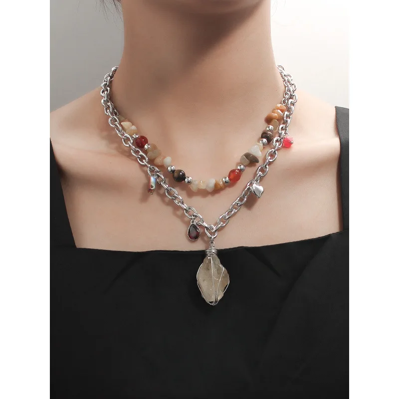 

Double Layered Natural Tiger Stone Crystal Beaded Necklace Women's Metal Chain Heavy Industry Fashion Jewelry Necklace
