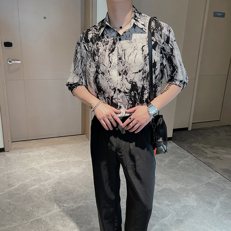 Chinese Style Ink Printing Shirts Men Summer Short Sleeve Loose Casual Shirt Streetwear Social Party Tuxedo Blouse Men Clothing