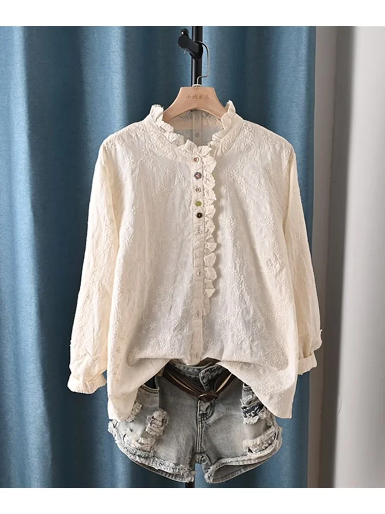 -Long Sleeve Cotton Shirt Unique Art Embroidery Ruffled Collar Cute Buttons Mori Blouse