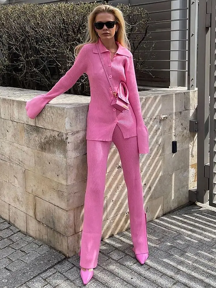 Женский вязаный комплект из 2 предметов кардиган свитер и брюки с широкими