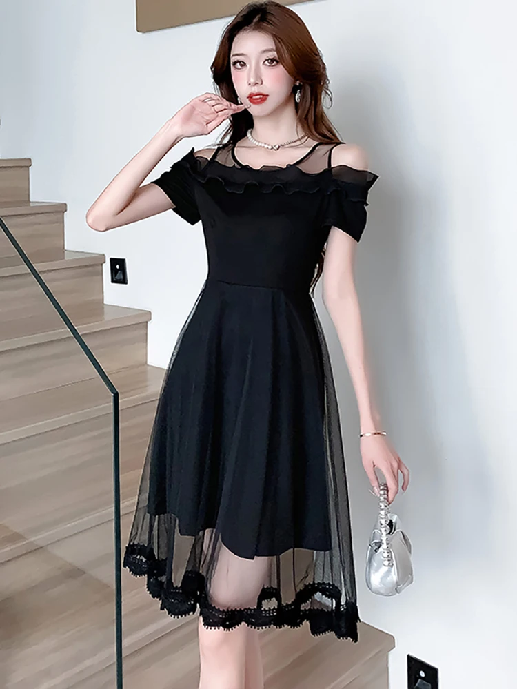 

Летнее черное лоскутное Сетчатое Привлекательное платье на бретельках женское корейское винтажное платье Хепберн 2023 элегантное Шикарное облегающее роскошное платье с оборками