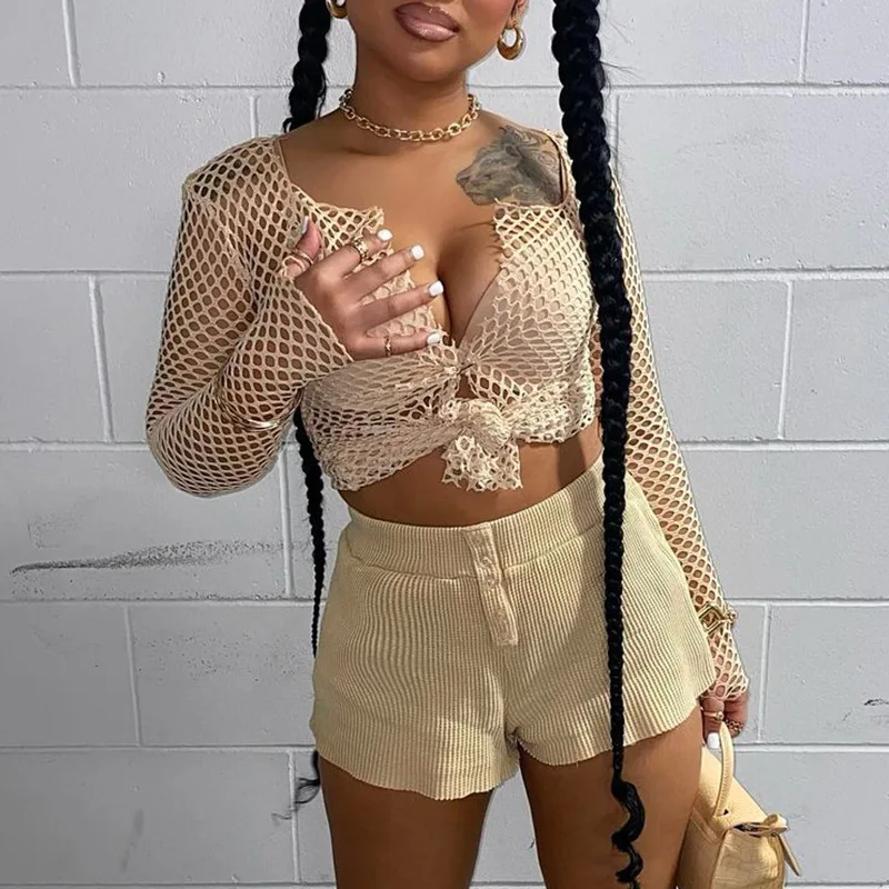 

Wishyear 2022 Fishnet Mesh See Through Sexy Crop Top Womens Long Sleeve T Shirts Tie Front Blouse Trendy Women Clothing
