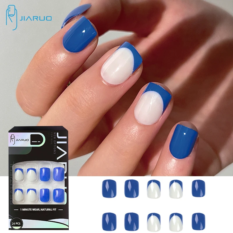 

JIARUO 24 шт./коркор. Короткие квадратные нажимные ногти искусственные ногти Y2k французская серия накладки для ногтей синяя оправа белые мини но...