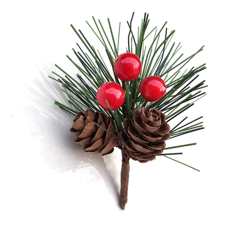 

60PCS Artificial Flower Red Christmas Berry And Pine Cone With Holly Branches Christmas Decoration For Home Floral Decor