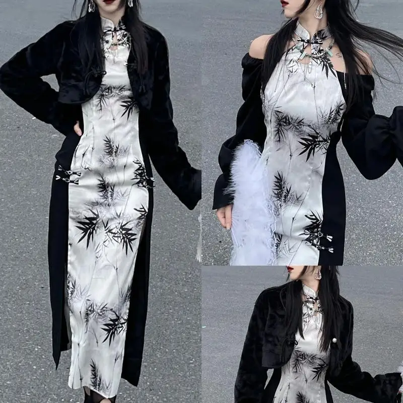 Женское платье-ципао с открытыми плечами