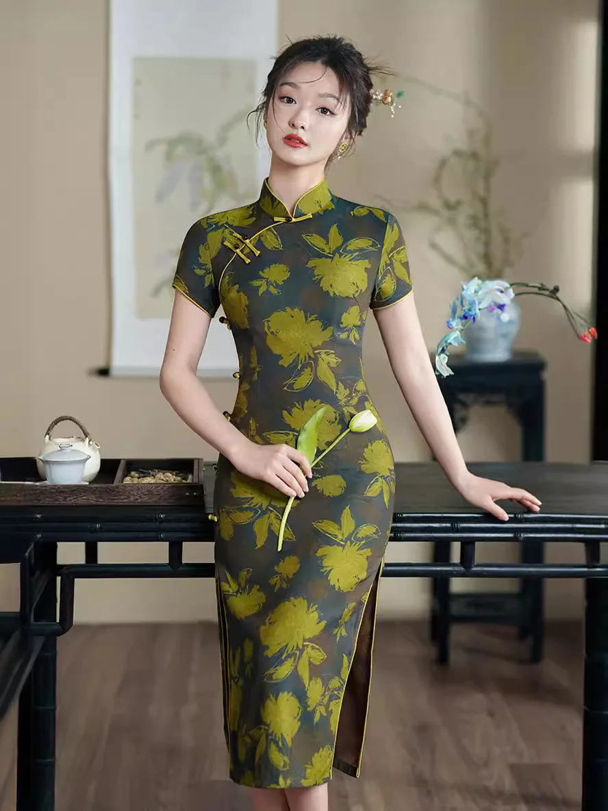 Женское приталенное платье-Ципао средней длины платье в улучшенном стиле Ципао