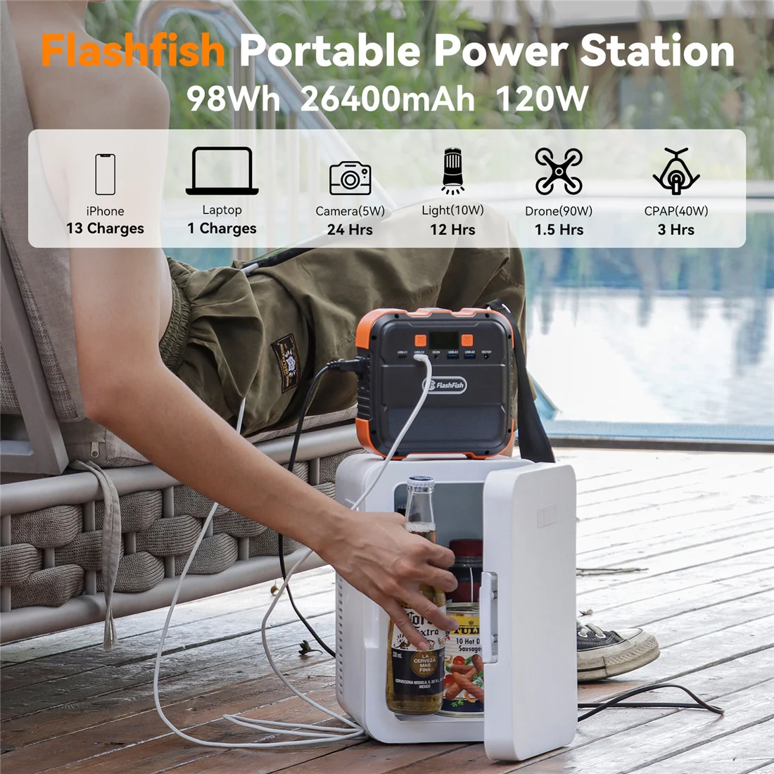 

Flashfish 120W 200~240V 26400mAh Portable Power Station Backup Battery Solar Generator for home use Outdoors Camping Blackout