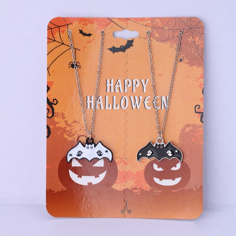 

2 Pieces/Set Happy Halloween Black And White Bat Pendant Necklace For Men Women Personality Enamel Metal Jewelry