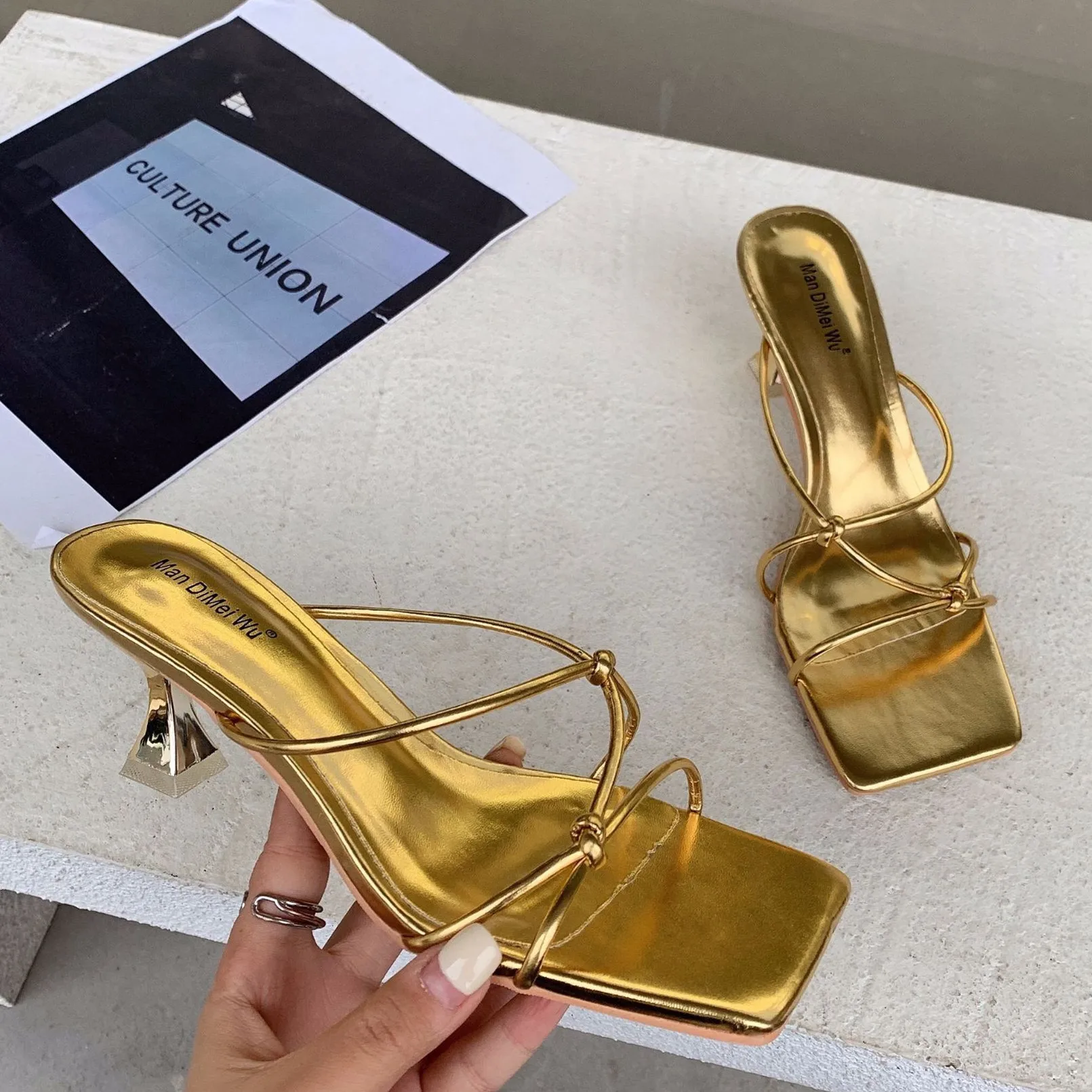 

Женские шлепанцы на высоком каблуке, сандалии с открытым носком, на тонком каблуке, без застежки, с перекрестными ремешками, сланцы, сексуальные туфли-лодочки, лето 2023