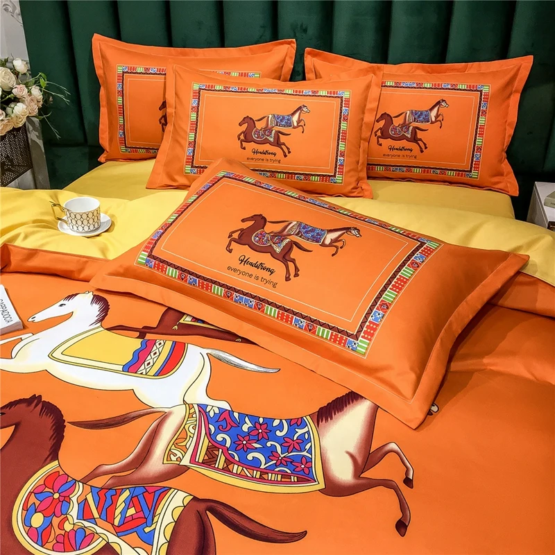 Luxury Egyptian Bedding Set Galloping Horse Printed Wedding Gift Sets Queen King Size Duvet Cover Flat Bed Sheeet | Дом и сад