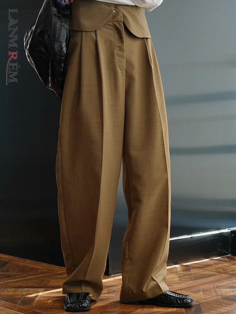 

Однотонные простые женские брюки [LANMREM] с высокой талией, прямые льняные широкие брюки, модная одежда, новинка сезона осень 2023, 26D4958
