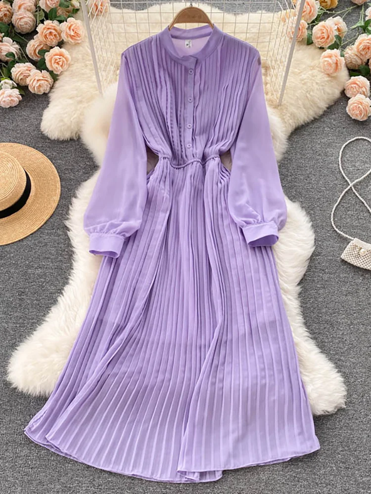 

Autumn Purple/Red/Yellow Pleated Dress Women Vintage Stand Collar Puff Sleeve High Waist Draped Vestidos Female Midi Robe 2021