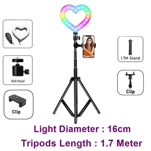 Кольцевой светильник RGB, 16 см, с регулируемой яркостью, в форме сердца