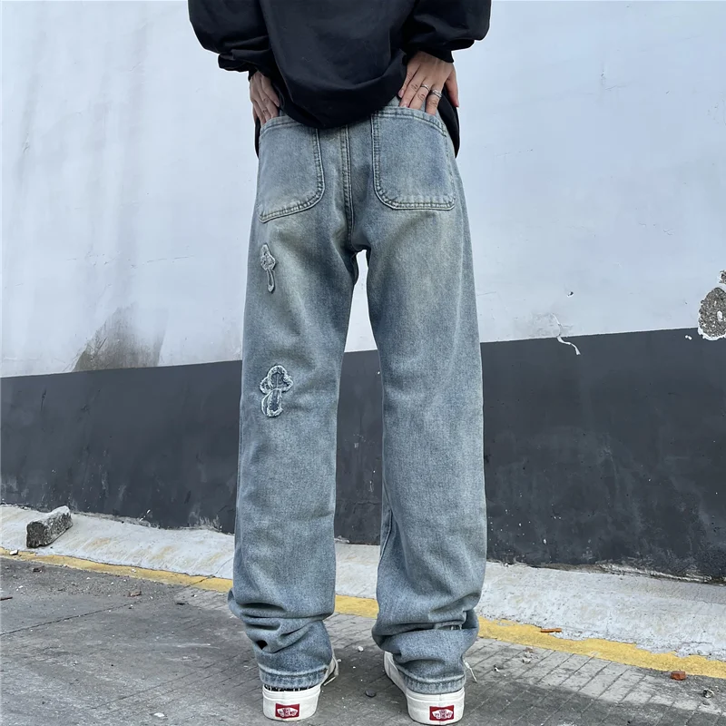 Streetwear Men 2022 New Pattern Vintage Recreational Cross Jeans Loose Broad Straight Cylinder Leg Trousers Autumn Female Trend