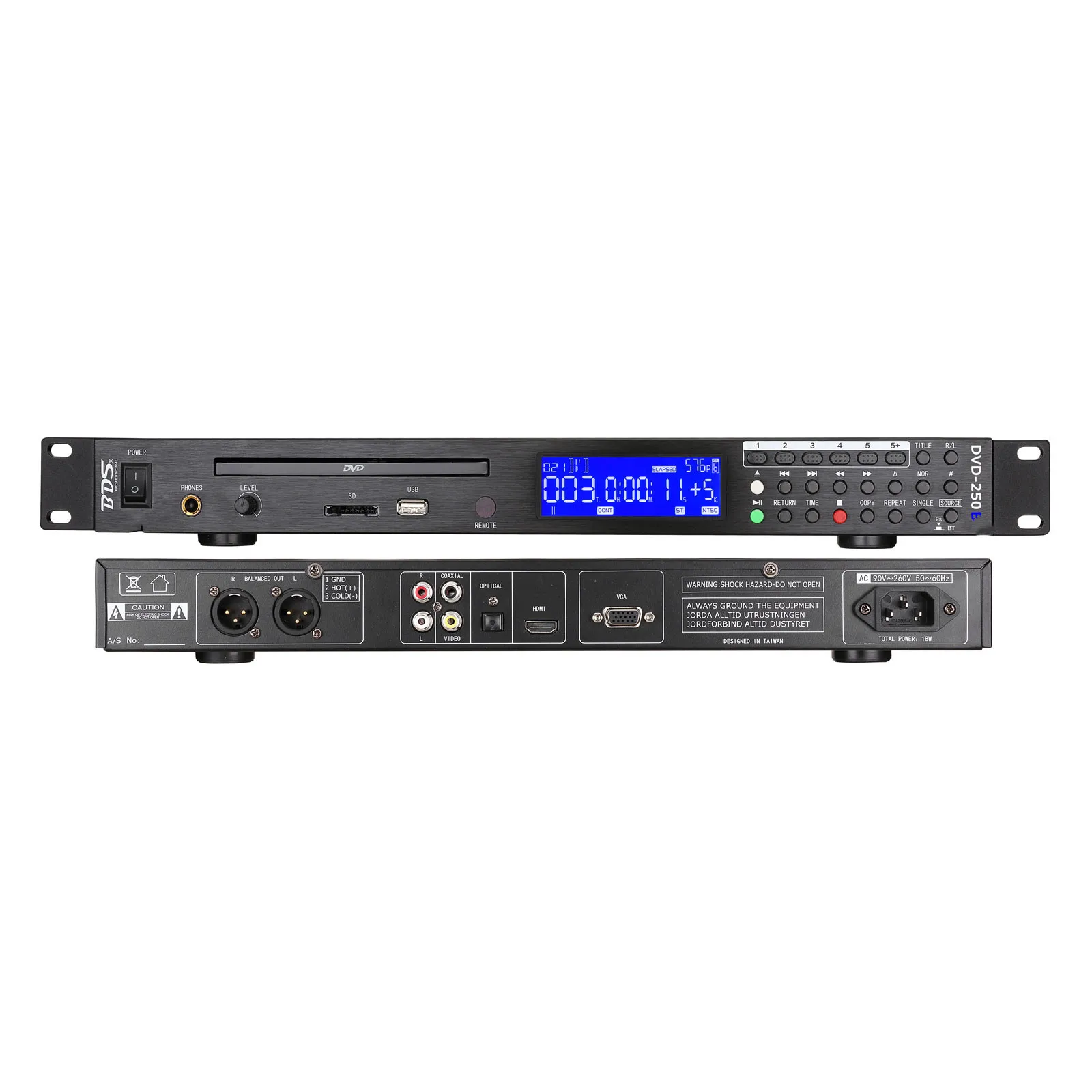 VD-250BT 1U Rack USB SD-плеер DVD-плеер с большим ЖК-дисплеем Выходы VGA высокой четкости