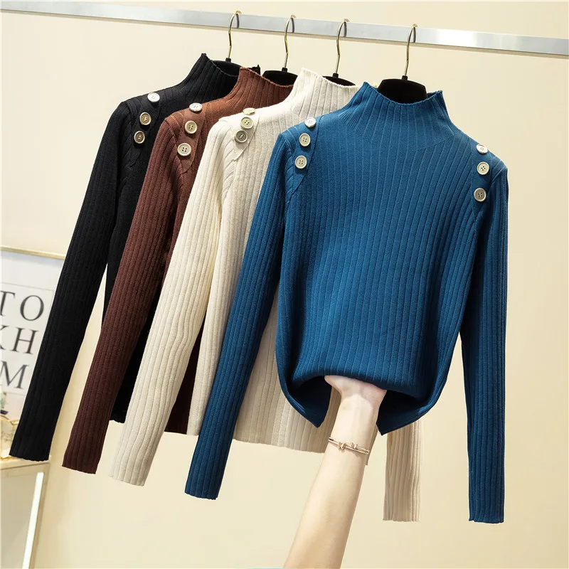 

Ribbed Mock Neck Basic Jumpers Knitted Women's Sweater Pullover Solid High Street Brown Aesthetic Long Sleeve Sueter Mujer Tops