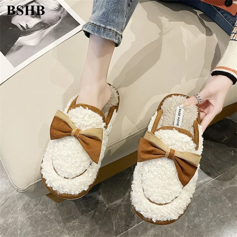 

Butterfly Knot Slippers Smile Footwear Woman 2022 Flat Shoes Lovely Furry Slippers Indoor House Non-Slip Short Plush Warm Home