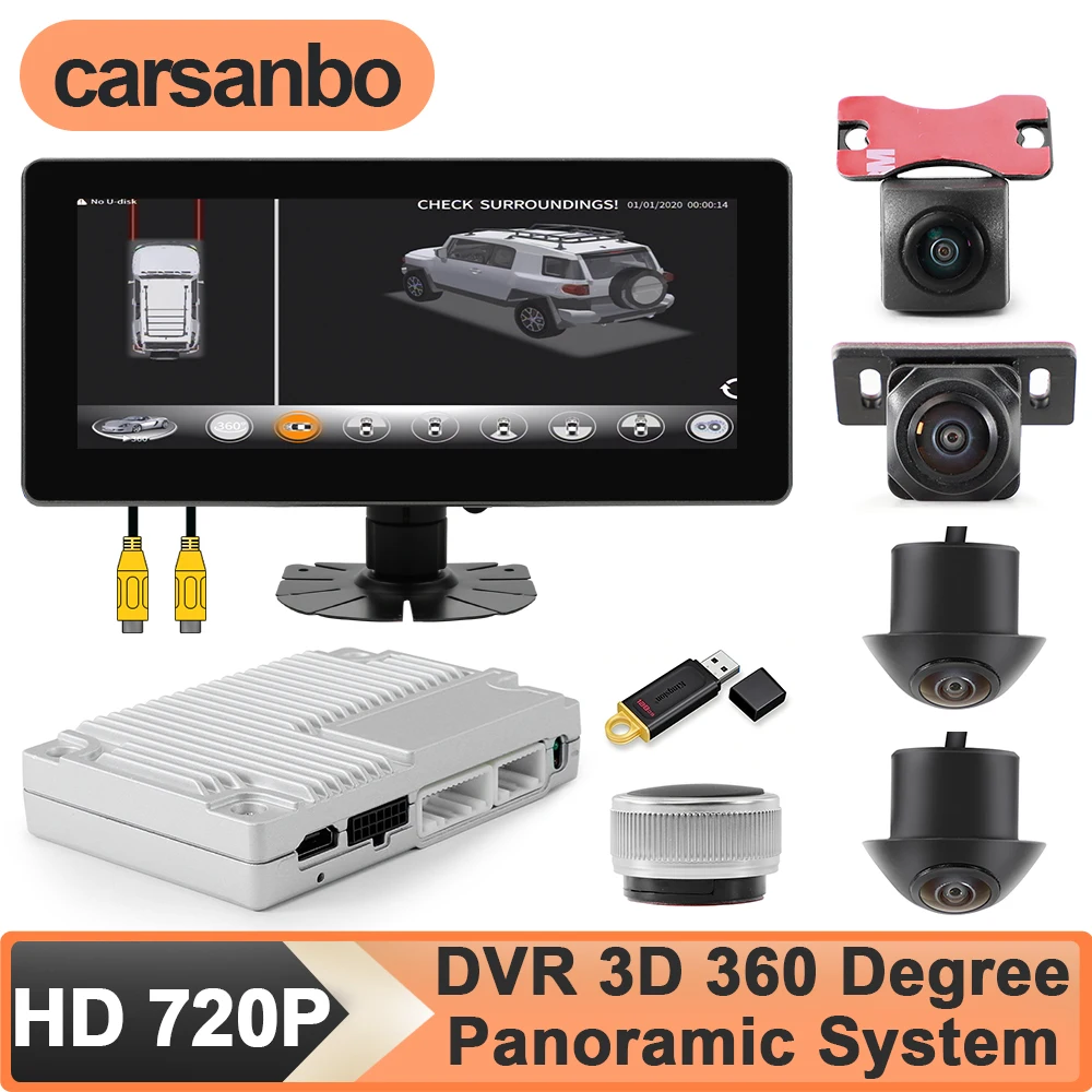 Фото Carsanbo 3D Car 360 °   Система панорамного кругового обзора: 4-канальные AHD 1080P камеры (правая+левая+передняя+задняя) с монитором и видеорегистратором для автомобиля №1