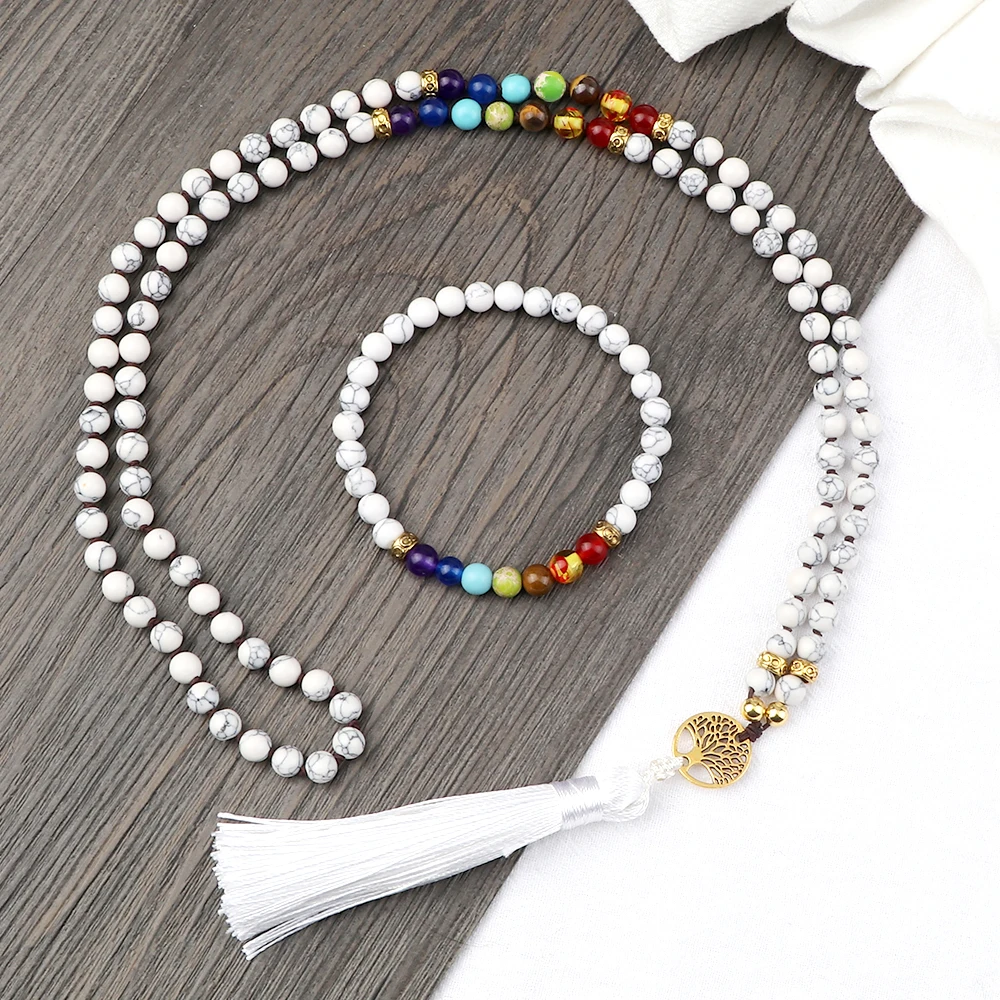 

Natural 6MM 8mm Black Line Turquoises Knotted Necklace&Bangle Set 7 Chakra Tassel Spirit Meditation Couple Bracelet Jewelry Set