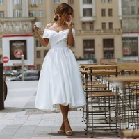 simple off the shoulder short wedding dress strapless backless bridal gowns a line elegant satin tea length vestido de novia