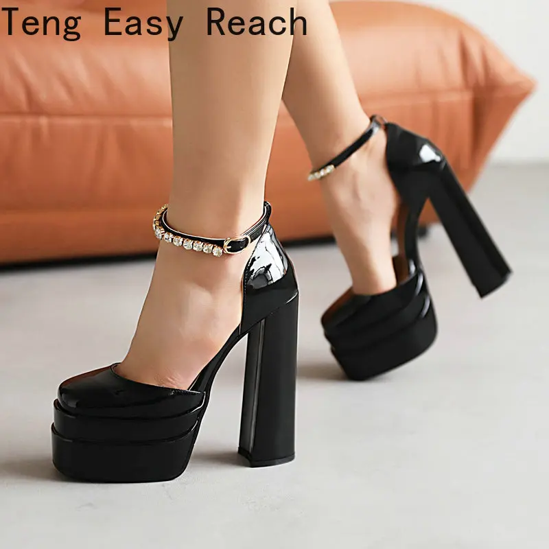 

Women Super High Heels Sexy Patent Leather Summer Sandals Platform Square High Heel Pumps Party Wedding Woman Shoes