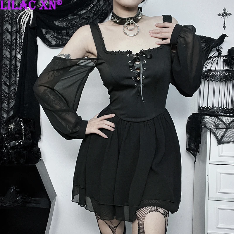 

Y2K Black Lace Vestidos Party Dresses Goth Sexy Off-Shoulder Long Sleeve Short Dresses Elegant Vintage Lace-up Mini Dress Women
