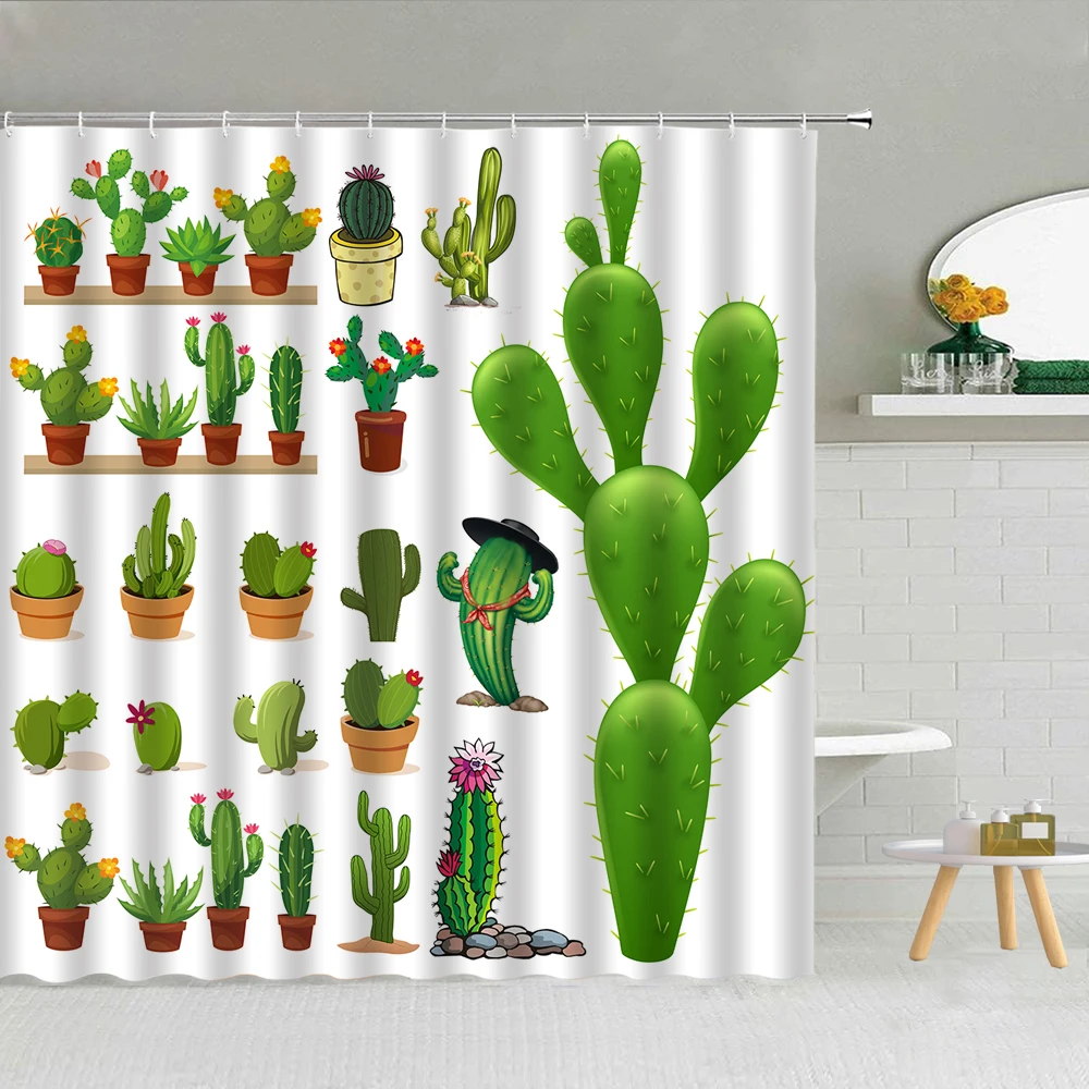 

Cartoon Tropical Desert Plant Cactus Alpaca Shower Fabric High Quality With Hooks Bath Screen Decor 3D Printed Curtain Polyester