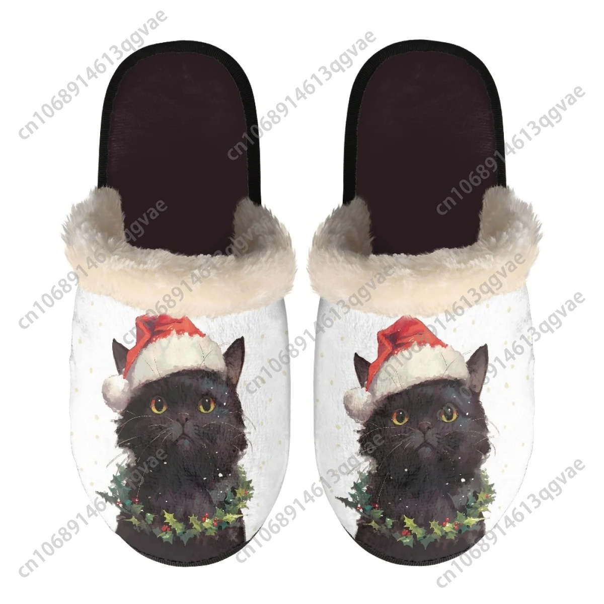 Рождественский черный кот в шляпе Санта-Клауса тапочки HoHo мужские и женские