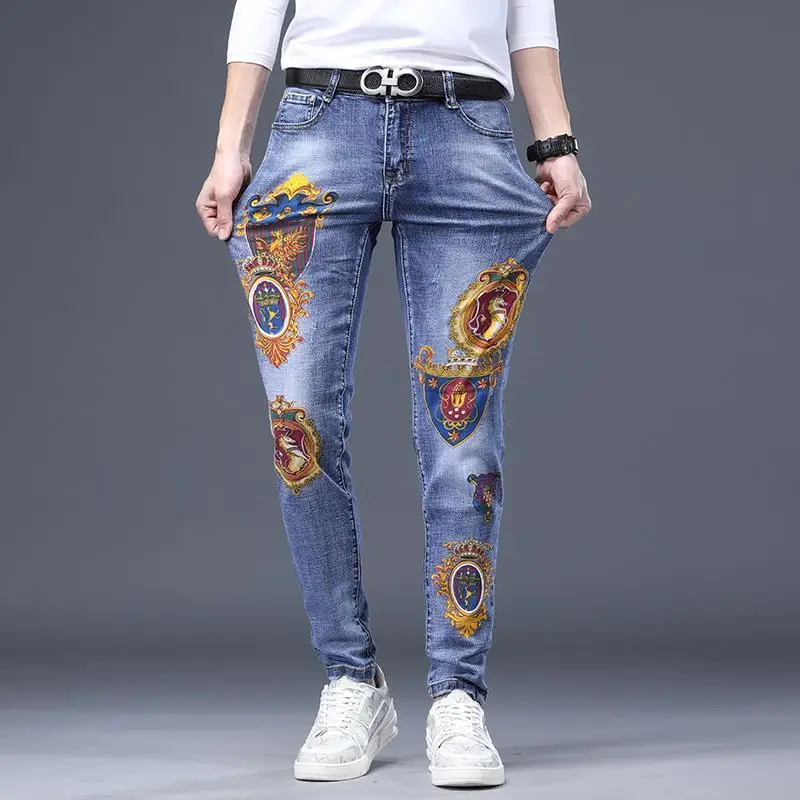 Джинсы мужские демисезонные в стиле Харадзюку с графическими картинами