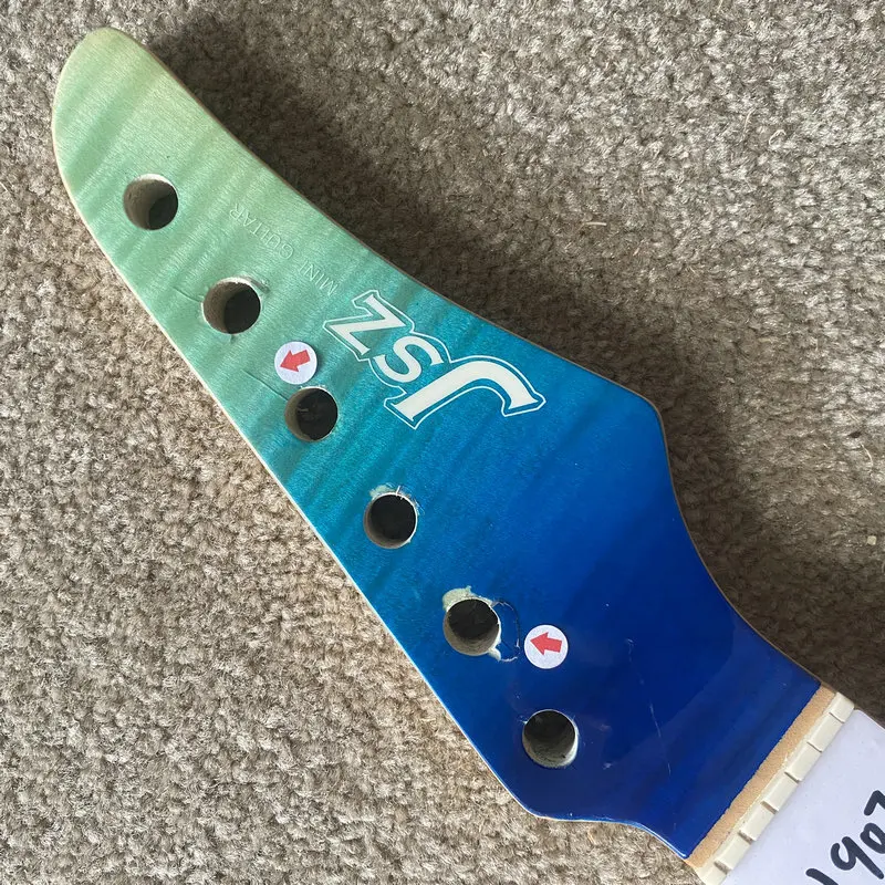 IN907 Blue Flamed Maple Headstock 24 Frets Fingerboard Unfinished Guitar Neck Tremolo Short Scale Length with Damages