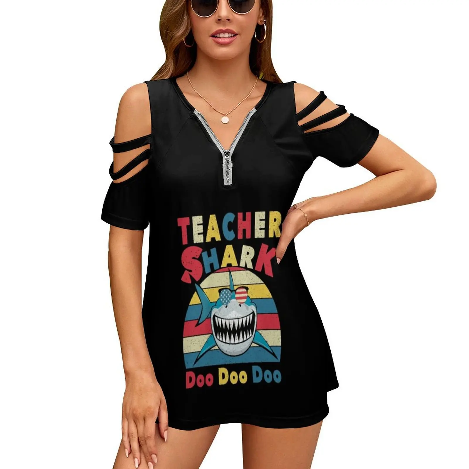 

Teacher Shark Funny T-Shirts Dooo Doo Doo Streetwear T-Shirt Cold Shoulder Short Sleeve Graphic Tshirt Sexy Female Oversize Tops