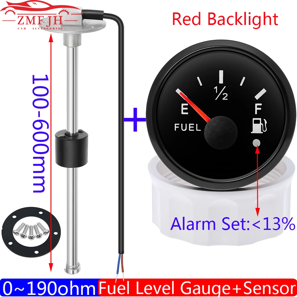 

0~190 Ohm Fuel Level Sensor+Fuel Level Gauge with Alarm Red Light 2" 52mm Oil Tank Level Meter for Boat Marine RV Camper 12V 24V