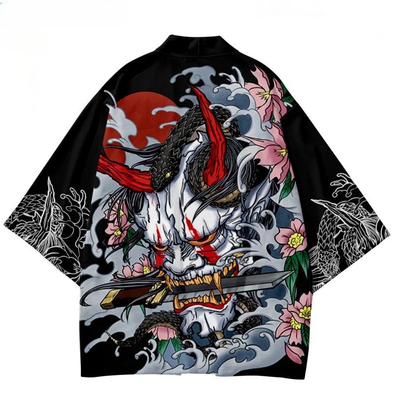 

Japanese Traditional Demon Print Kimono Cosplay Samurai Haori Obi Women Men Cardigan Beach Yukata Asian Clothes