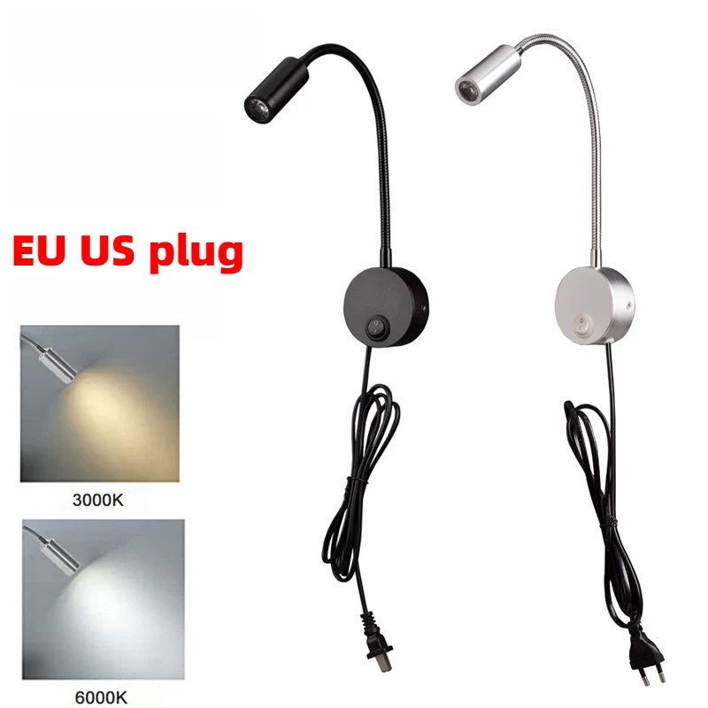 

3W LED Wall Lamps With US EU plug cable LED Hoses Wall Lamp Flexible Home Hotel Bedside Reading Light Moder Book Lights Aluminum