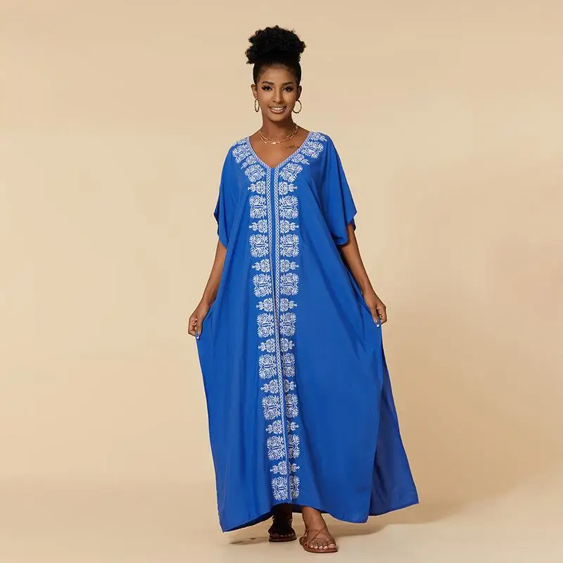 

Losee Blue Beach Cover-ups Embroidery Vintage Women Tunics Kaftan Summer Dress Beach Wear Swim Suit Cover Up Robe De Plage