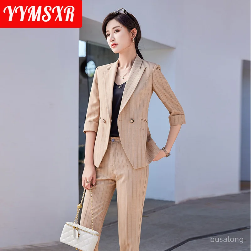 S-4XL High-end Suit Women's Office Business Wear 2022 New Spring Summer Fashion Striped Half Sleeve Ladies Jacket Slim Trousers