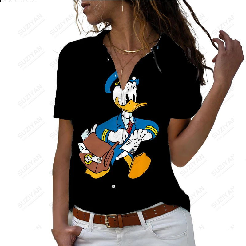Disney Michimini Black and White Simple and Generous Summer Short Sleeve Loose Button Women's Shirt 3D Printing Process 2023