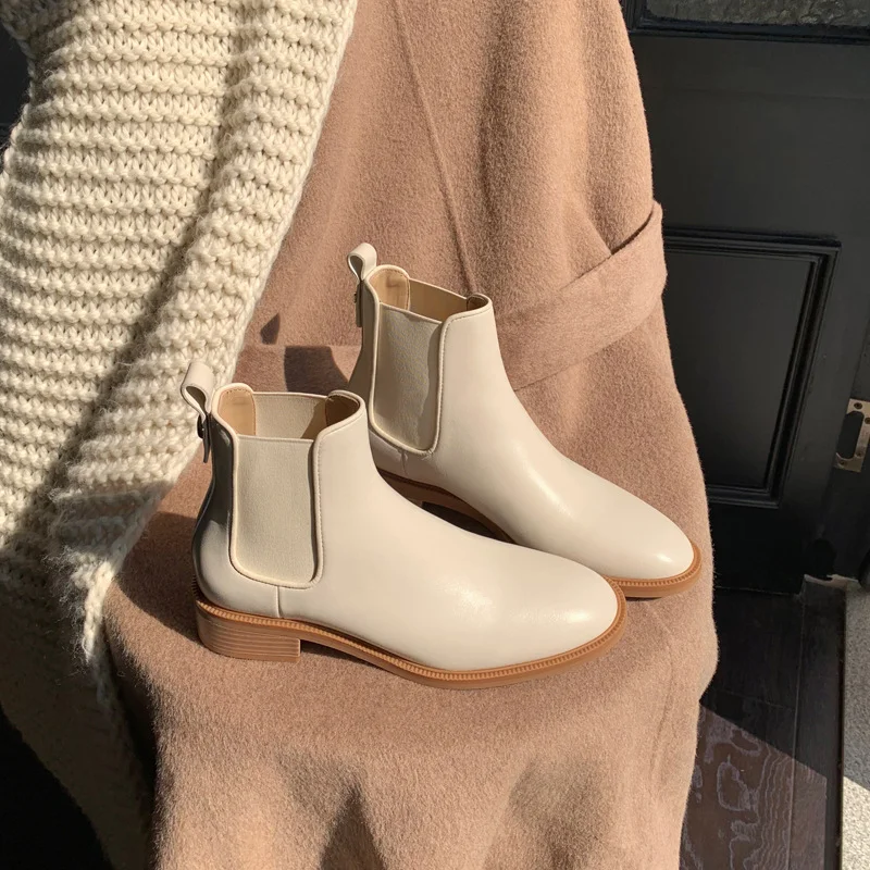 2023 Autumn and Winter New Plush Round Toe Thick Heel Shoes Leather Elastic Boots Chimney Chelsea Short Boots Women's Shoes